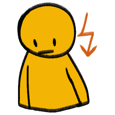 A yellow person looking down. There is an orange zig zag arrow pointing down next to their head.